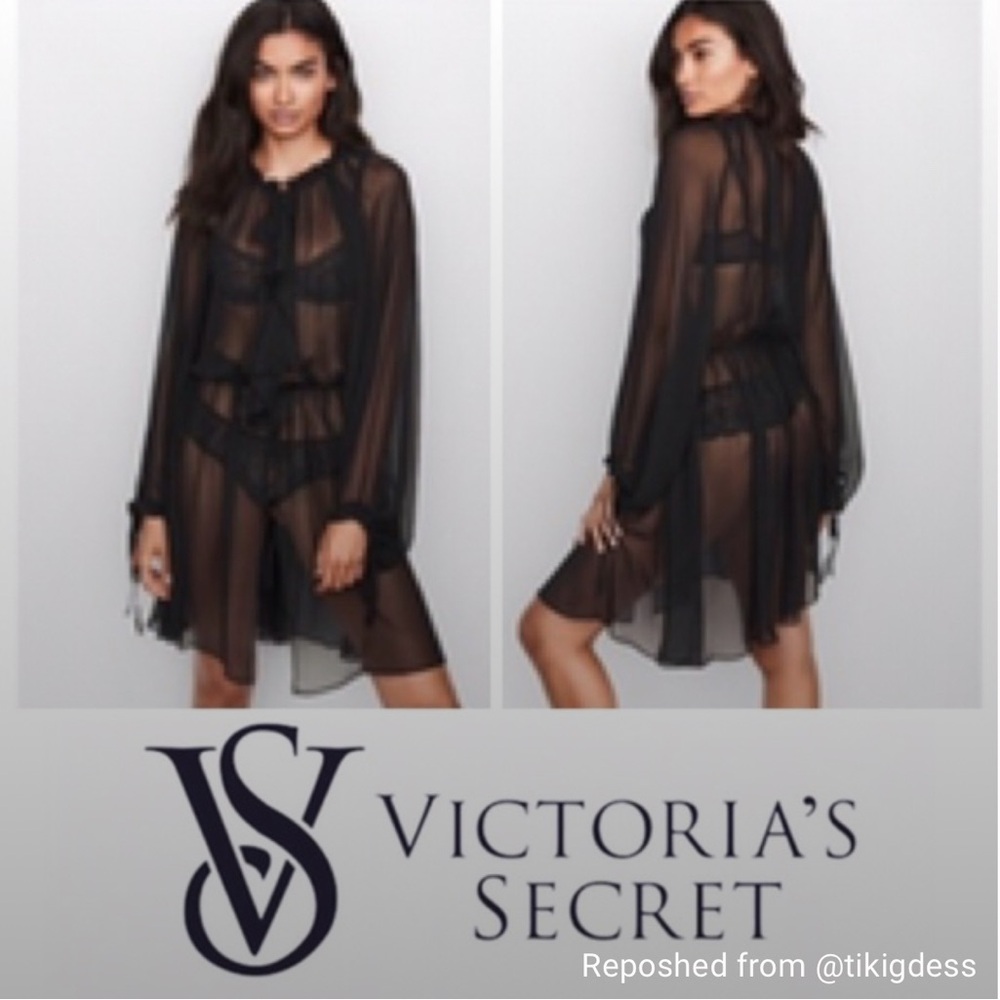 Victoria's Secret Black Chiffon Kimono Long Robe Duster Ruffle‎ Tie Size M/L